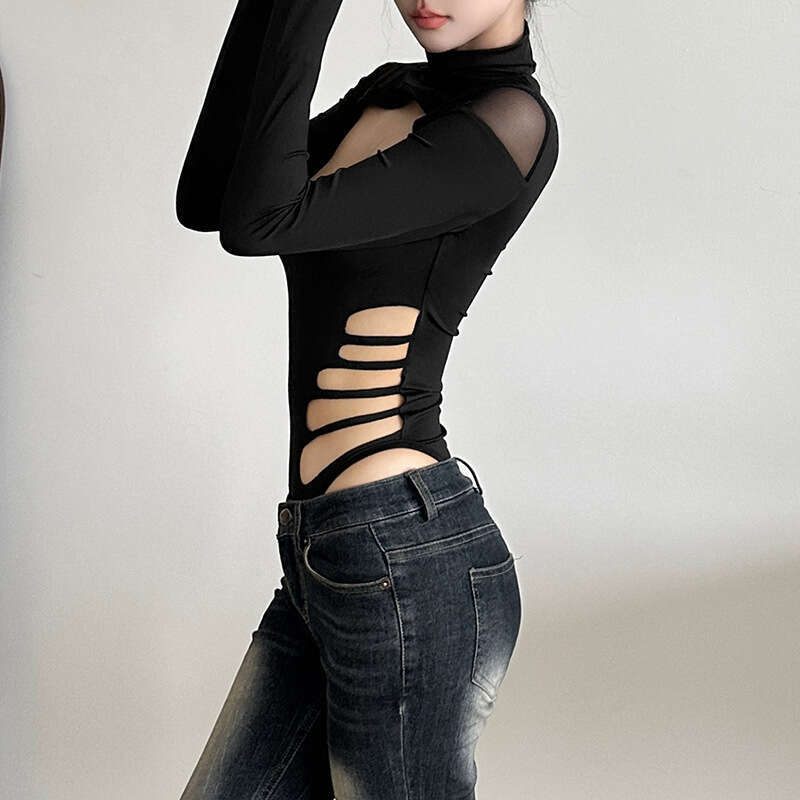 2024 Autumn Winter New Women's Solid Color Slim Street Fashion Round Neck Long Sleeve Hollow Out Jumpsuit cf8