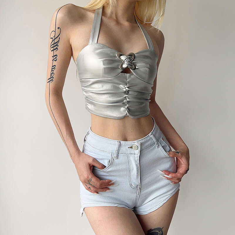 2023 Summer New Women's Solid Color Sexy Halter Neck Fashion Butterfly Crop Top db3