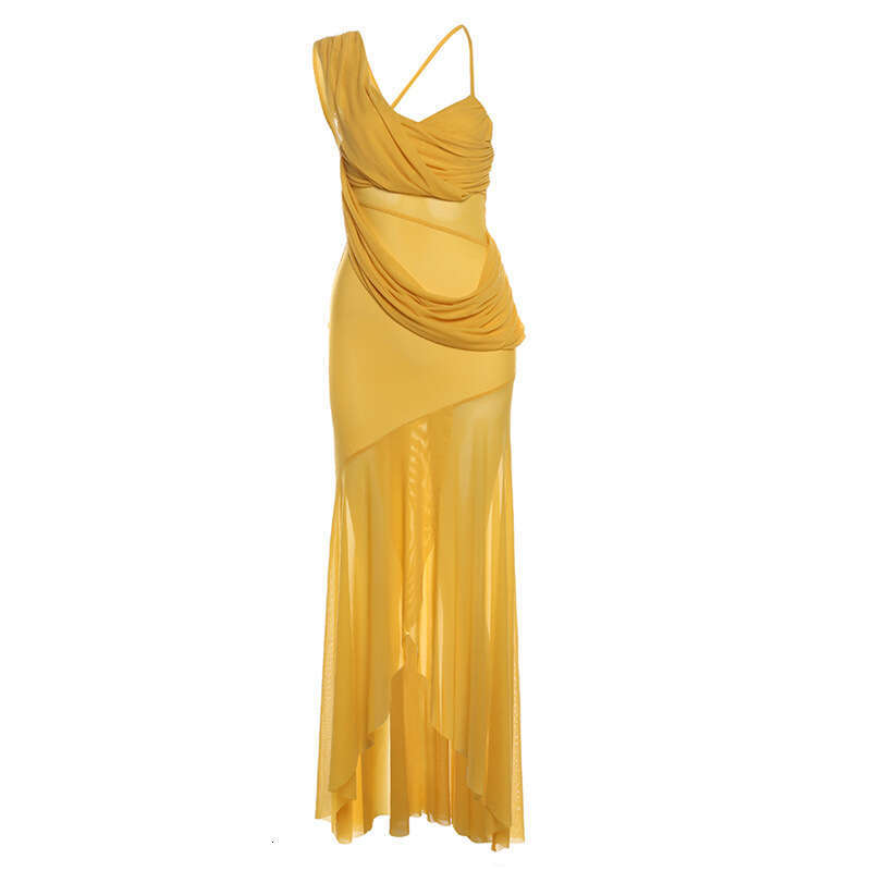 2024 Summer New Women's Solid Color Slim High Waist Fashion Strap Sleeveless Sheer Mesh Dress f5a