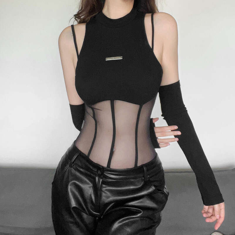 2022 Autumn New Women's Solid Color Slim Fashion Round Neck Sexy Mesh Splicing Jumpsuit 090
