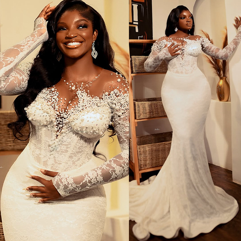 2025 Plus Size Wedding Dresses Bridal Gowns Mermaid Illusion Sheer Neck Long Sleeves Beaded Lace Tiered Tulle Pearls Wedding Gowns for African Black W