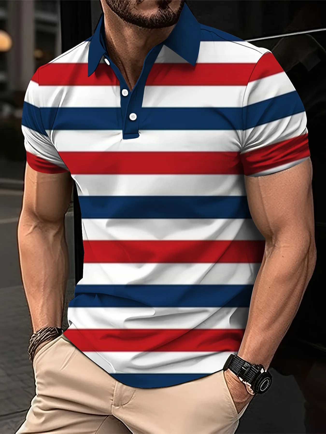 Mens Short Clothes Sleeved Lapel 3D Digital Printed Striped Polo Shirt Summer Mens Business Casual Oversized Top Clothes XJ250725