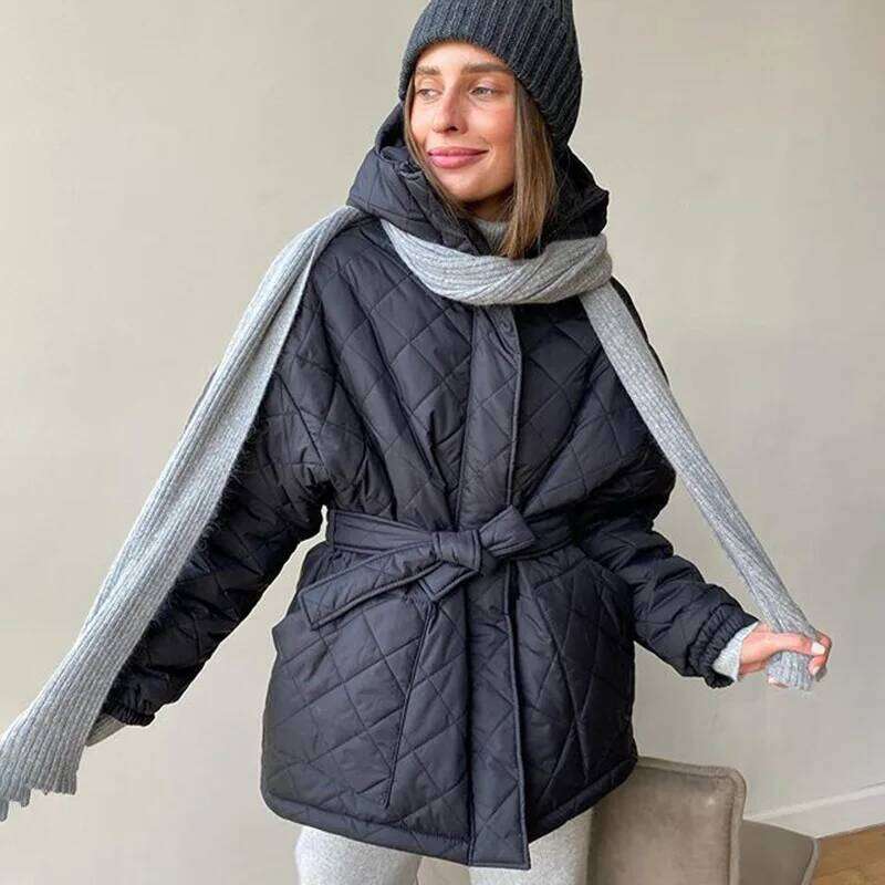 Autumn Winter Hooded Cotton Jacket Parkas Women Slim Waist Long Sleeve Coat Outwear Female Single Breasted Lace Up Down Jackets