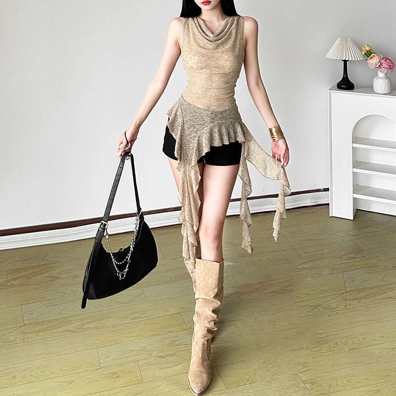 2025 Summer New Style Halter Neck Sleeveless V-Neck Slim Fit Irregular Ribbon Top for Women 42f