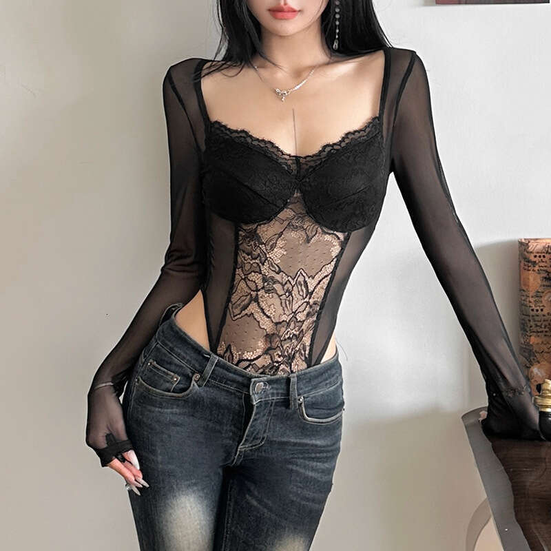 2024 Autumn New Women's Solid Color Slim Street Fashion Square Neck Long Sleeve Mesh Jumpsuit 89c