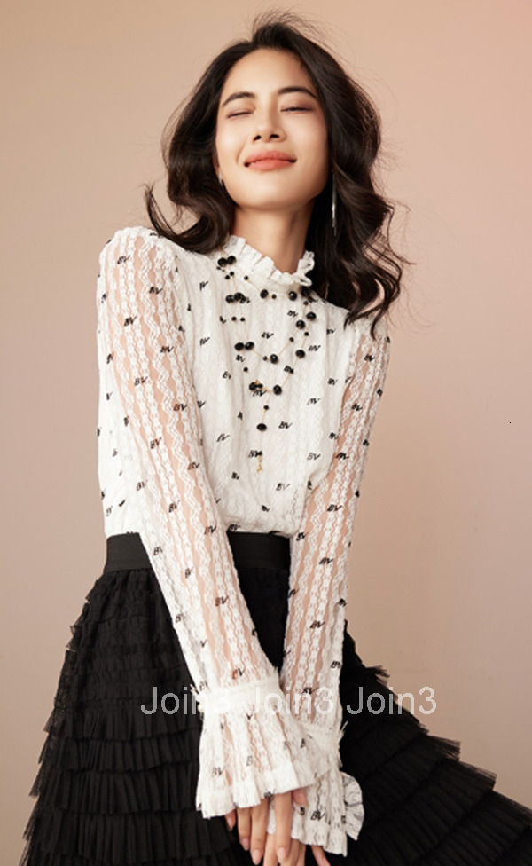 Summer New French Stand Collar Bell Sleeve Shirt Letter Embroidery White Top for Women 2717