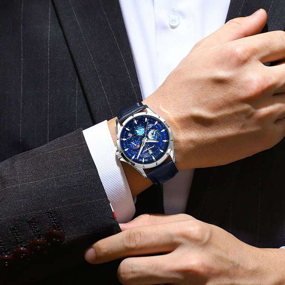 DHwatches POEDAGAR Leather Strap Business Style Starry Sky Chronograph Quartz Watch Men Waterproof Luminous Date Men's Wristwatches