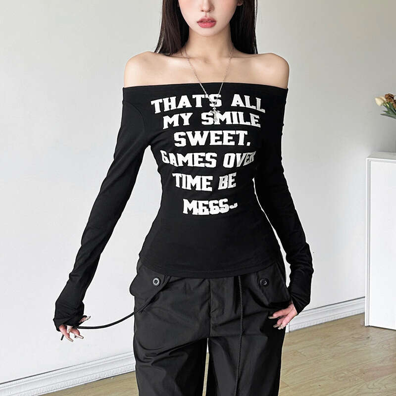 2024 Autumn New Women's Fashion Solid Color Slim Street Style Off-Shoulder Printed Long Sleeve Top 9a0