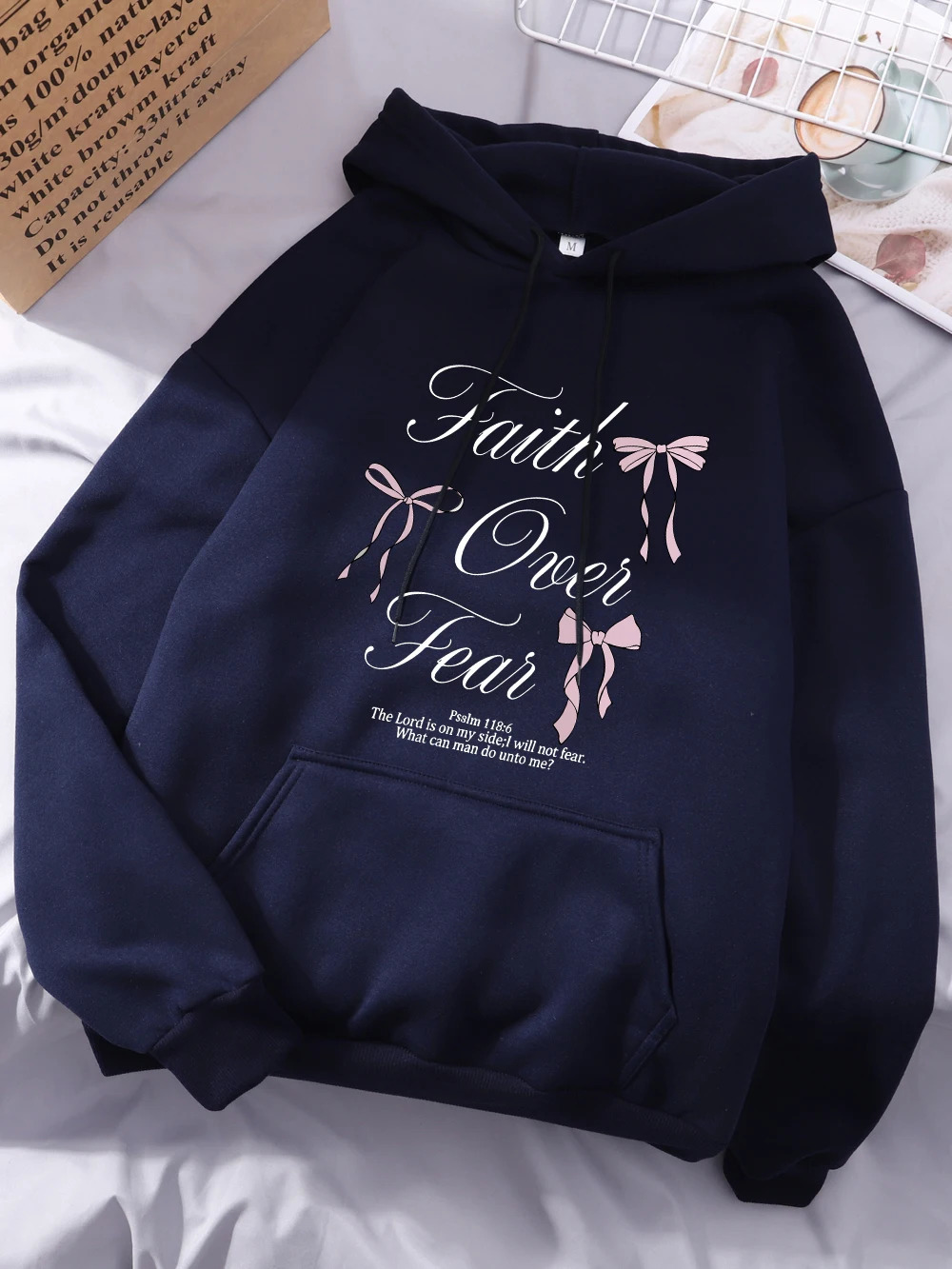Pink Bow Faith Over Fear Printing Hoodie Winter Fleece Warm Hooded Fashion Pocket Tops Comfortable Loose Woman Clothes 250725