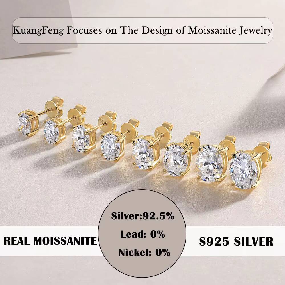1 1.5 2 3 Carat Moissanite Earrings Oval Cut 925 Sterling Silver 18K Gold Plated Four Prong Design Ladies Stud Earrings