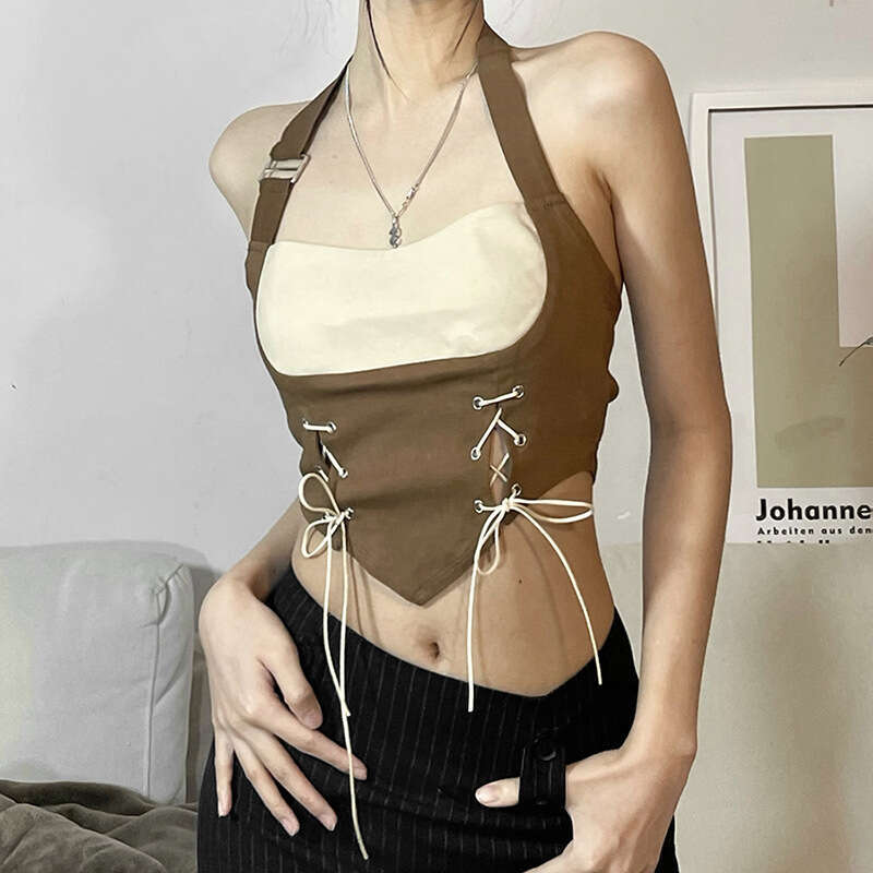 Trendy 2022 Spring New Women's Sexy Slim Fit Fashion Color-Block Halter Neck Tank Top 541