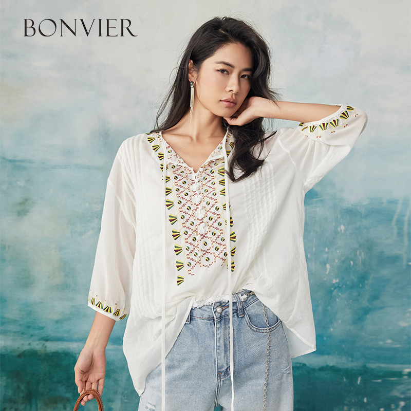 2025 Loose 3/4 sleeve lace blouses shirt women vintage cotton Button v neck causal boho blusa summer blouse femme top 6112512