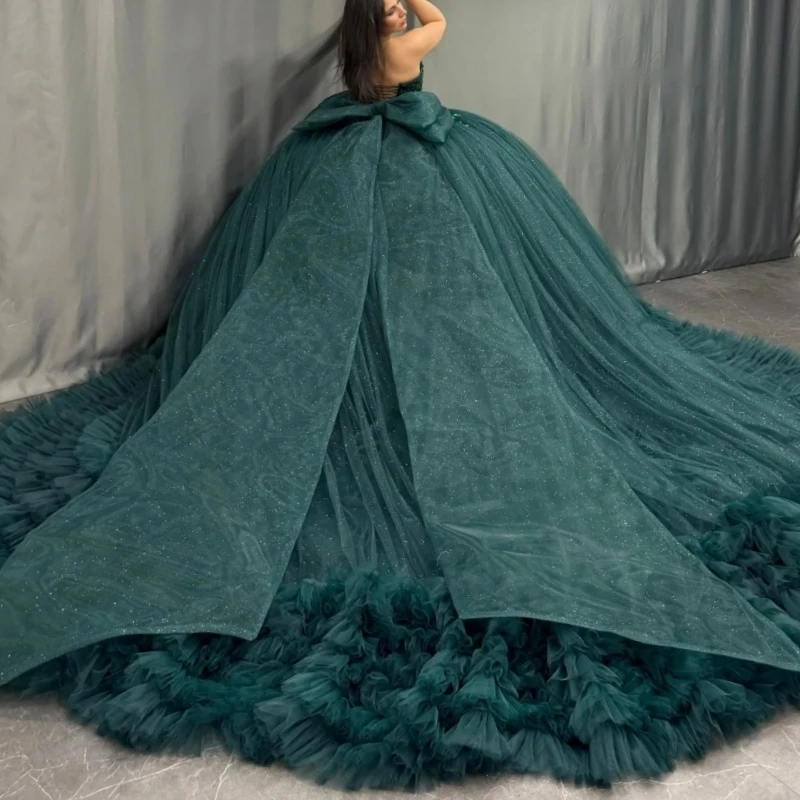 Blackish Green Shiny Quinceanera Dresses Off Shoulder Ball Gown Sweet 16 Dress Applique Beading Bow Tiered Tull Birthday Party Vestidos 15 Anos