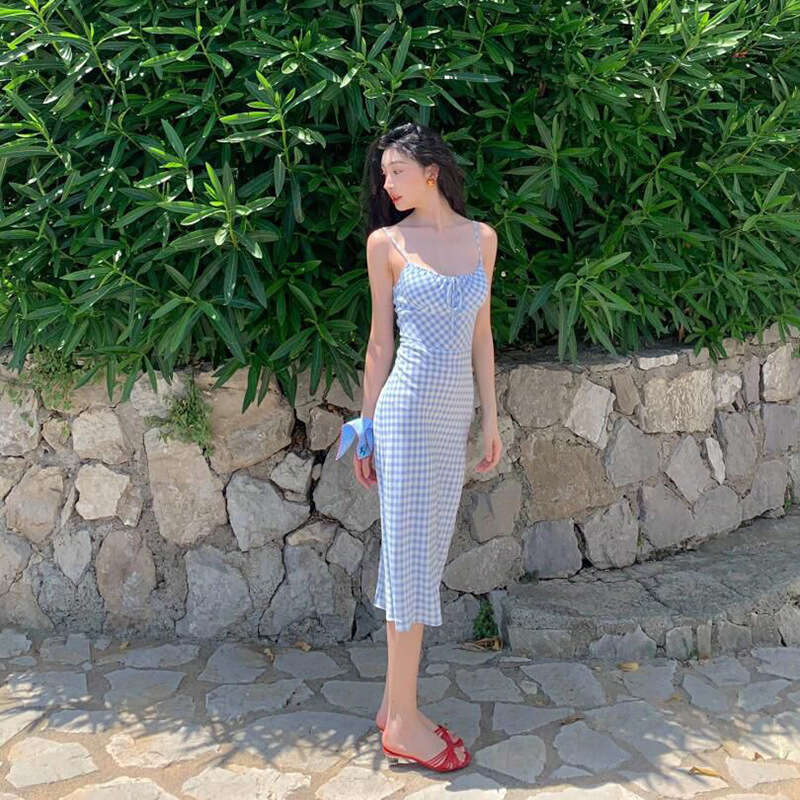 2024 Summer New Women's Solid Color Slim High Waist Fashion Strap Sleeveless Plaid Dress c84