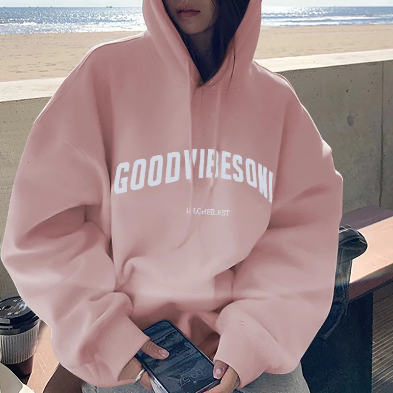 Autumn Fleece Hoodie Solid Color Letter Hooded Korean Fashion Sweatshirts Long Sleeve Top Drawstring Pockets Loose Hoodies 250725