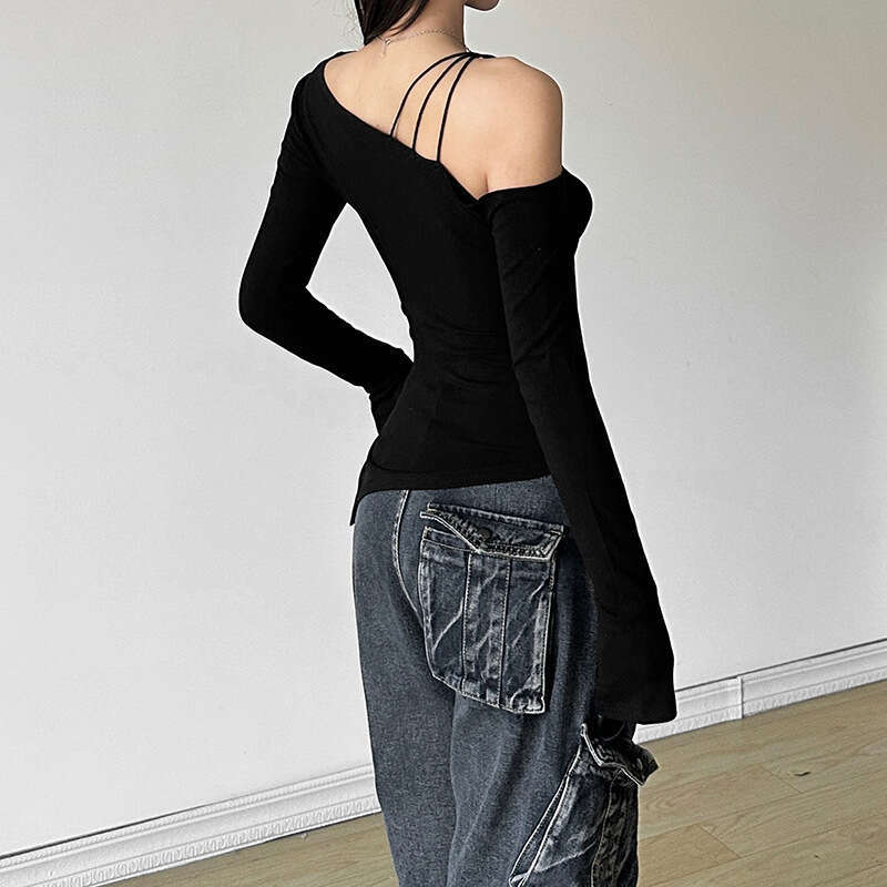 2024 Autumn New Women's Fashion Solid Color Slim Street Style Asymmetrical Neck Strap Long Sleeve Top 34a