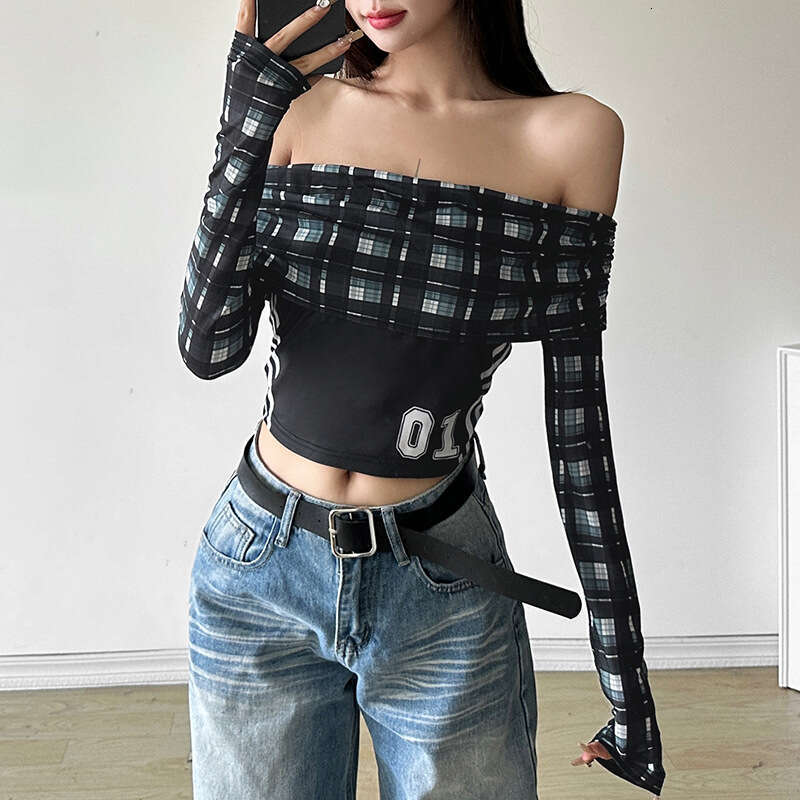 2024 Autumn New Women's Solid Color Slim Street Fashion Off-Shoulder Plaid Long Sleeve Top 546