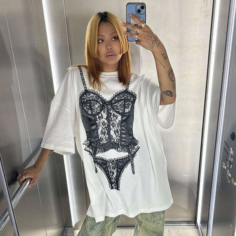Y23tp318 Women's Summer New Color-Block Lace Bra Printed Round Neck Short Sleeve Loose Top T-Shirt B5