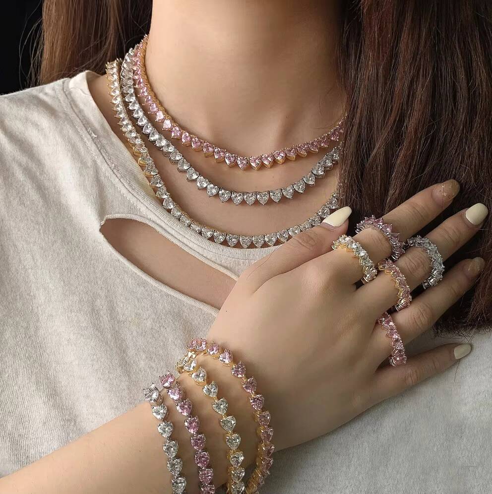 In Stock 5A Cubic Zirconia Iced Out Bling Heart Cz Tennis Chain Necklace for Women Men Valentines Day Gift Fashion Set Jewelry