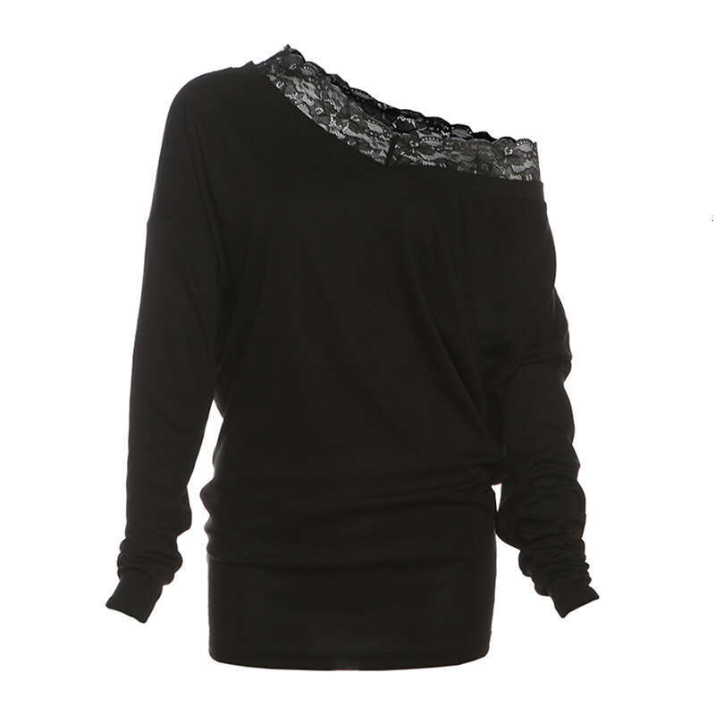 2024 Autumn New Women's Solid Color Street Fashion Asymmetrical Neck Long Sleeve Lace Patchwork Top 8b1