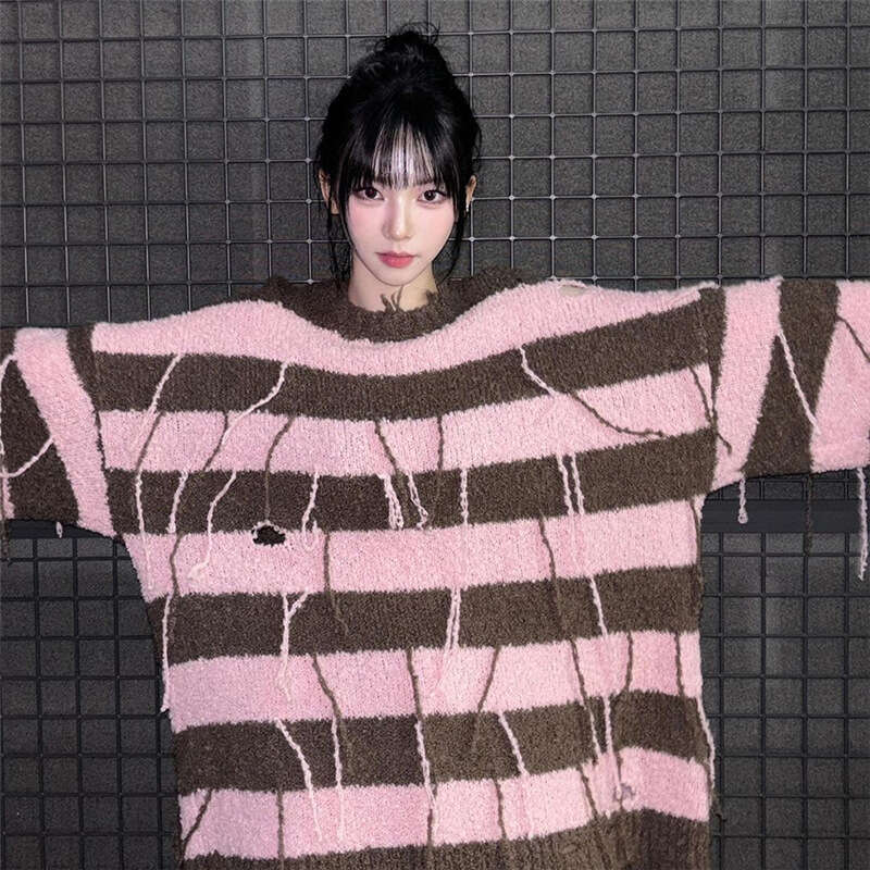 Women's Clothing 2023 Autumn Winter New Street Fashion Striped Loose Ripped Long Sweatshirt 911