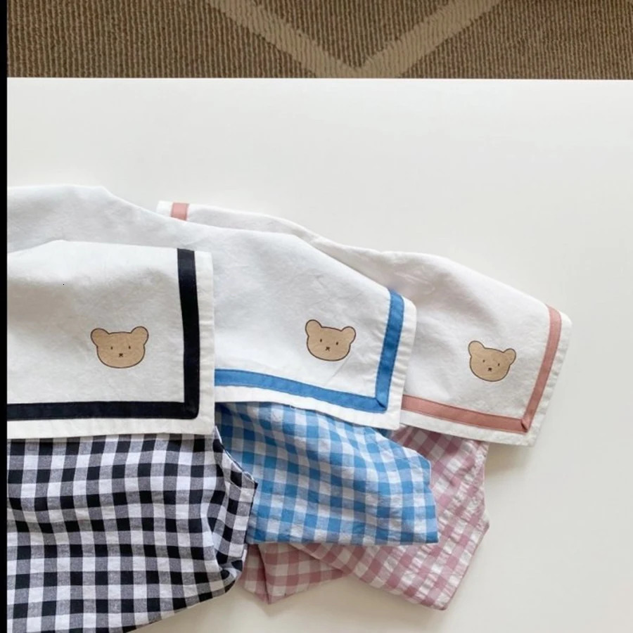 Summer born Baby Boy Girls Cell Sleeveless Cartoon Bear Navy Collar Waistcoat Shorts Fallow Set Kids Fashion Clothing 250725