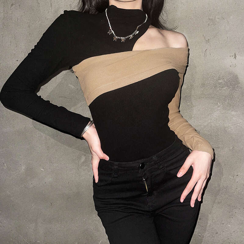 2021 Autumn New Women's Sexy Slim Fit Fashion Irregular Color Block Off-Shoulder Long Sleeve T-Shirt bef