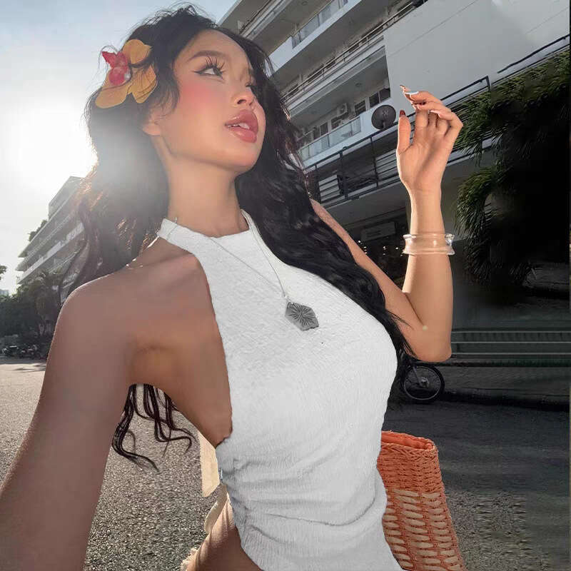 2025 Spring New Women's Solid Color Halter Neck Backless Vest Fashion Low Waist Plaid Skirt d49