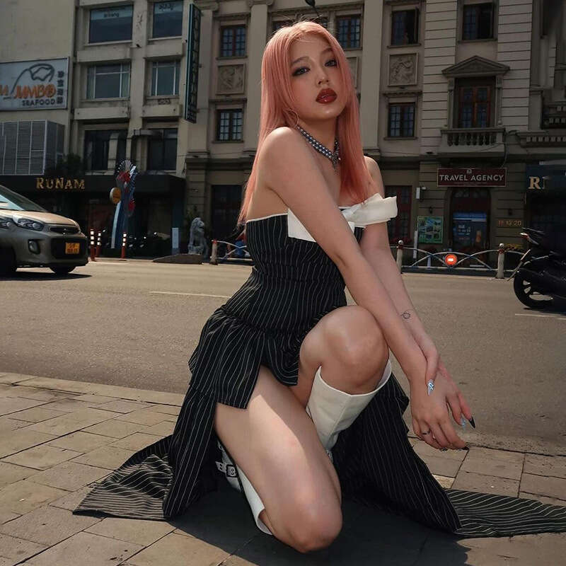 2024 Spring New Women's Solid Color Slim Fit High Waist Fashion Off-Shoulder Tube Dress 064