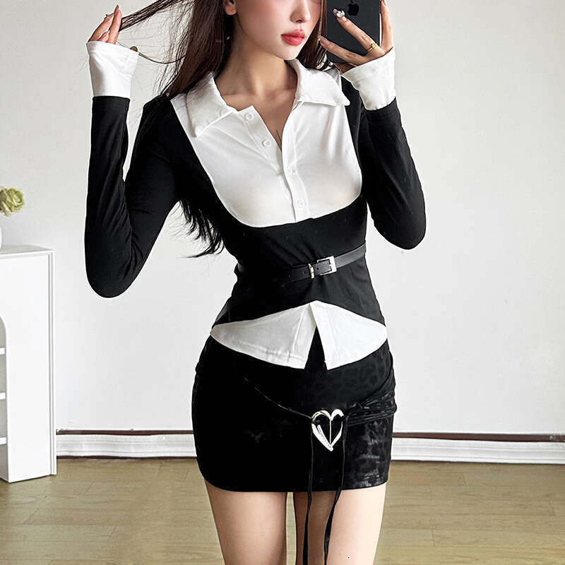 2024 Autumn New Street Fashion Sexy Slim Fit Solid Color Tie Waist Bodycon Skirt dfb