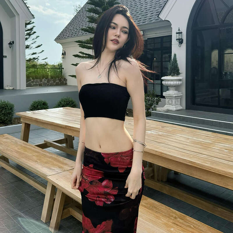 2025 Summer New Style Hot Girl Slim Fit Elegant Versatile Tube Top High Waist Printed Skirt for Women 79a