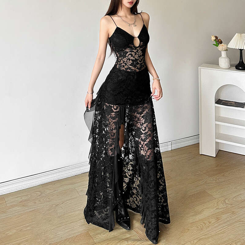2024 Summer New Women's Solid Color Slim Fit High Waist Fashion V-neck Spaghetti Strap Sheer Dress 588