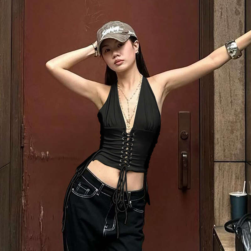 2025 Summer New Deep V Lace-Up Vest Halter Slim Sexy Hot Girl Versatile Top for Women e02