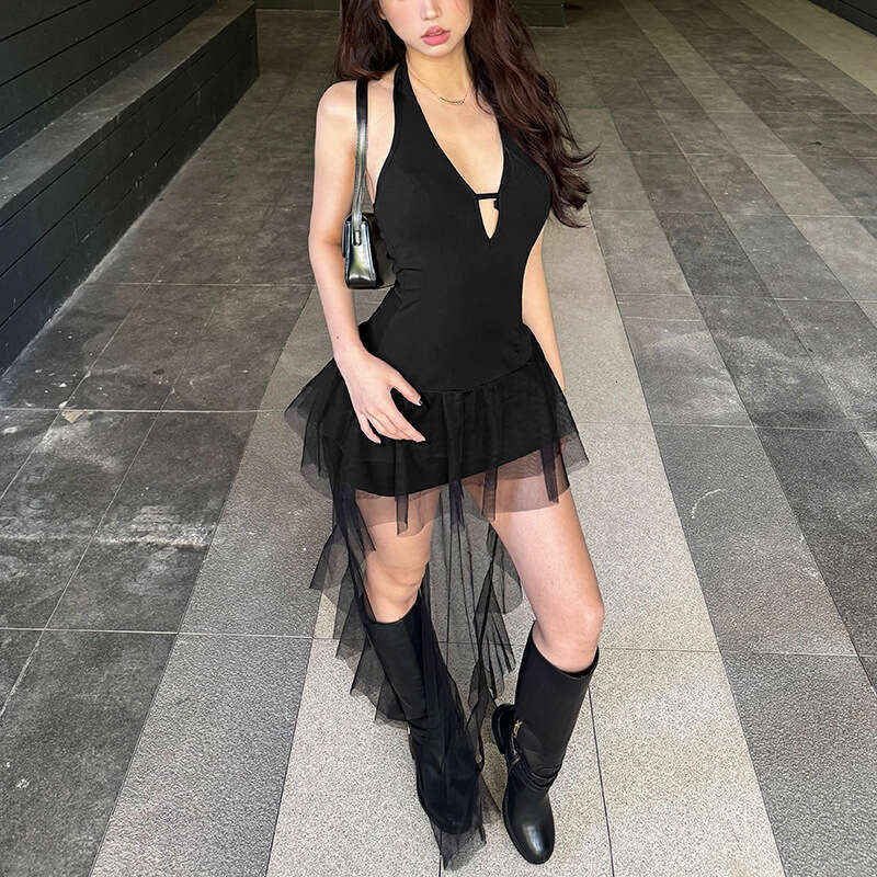 Women's Clothing 2024 Autumn Winter New Solid Color Sexy Halter Slim Waist Tie Dress 66c
