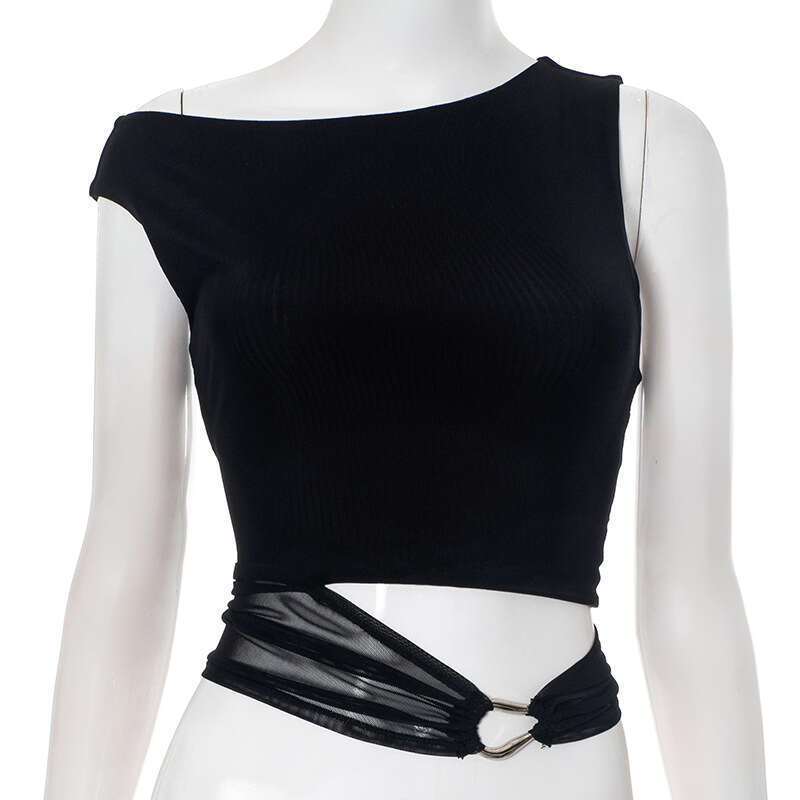 Y25tp144 Women's Summer New Solid Color Asymmetrical Shoulder Metal Ring Personality Slim Vest B5