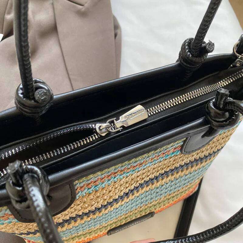 Women's Rainbow Color Summer Beach Straw Woven Top Handle Shoulder Crossbody Designer Bag