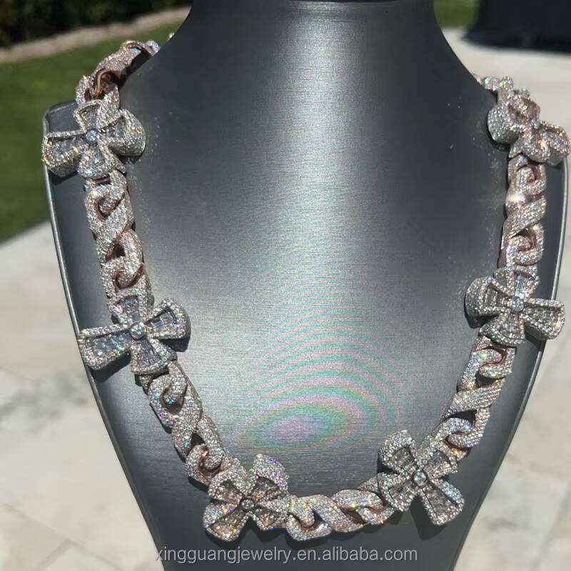 Customized Cross baguette Moissanite Heavy Cuban Link Sterling Jewelry Charms Sier Chain Hip Hop Necklace