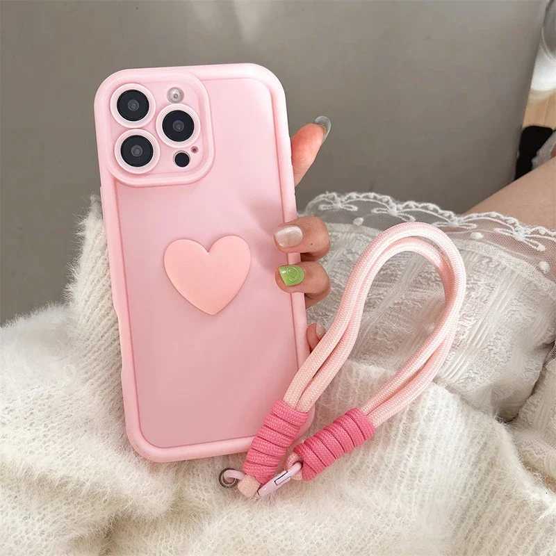3D Pink Love Heart Silicone Soft Phone Case For iPhone 16 15 14 13 12 11 Pro Max XS XR X 7 8 Plus SE With Lanyard Rope Cover R250724