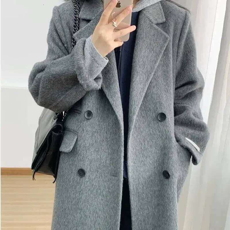 Designer Clothing Plus Size New Arrival Autumn/Winter 2024 Women's Woolen Jacket Elegant Medium-Length Grey Overcoat Korean Style Petite For La..