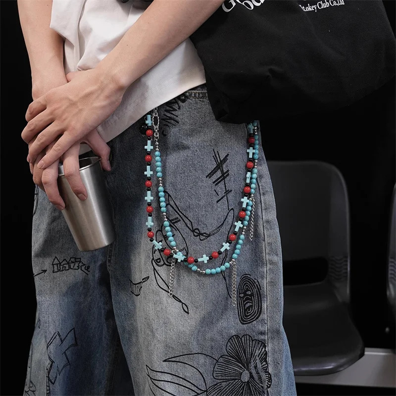 Japanese Fashion Vintage Trendy Turquoise Round Bead Cross Chain Tassel Punk Pants Chain Hip-hop Jeans Accessories 250722