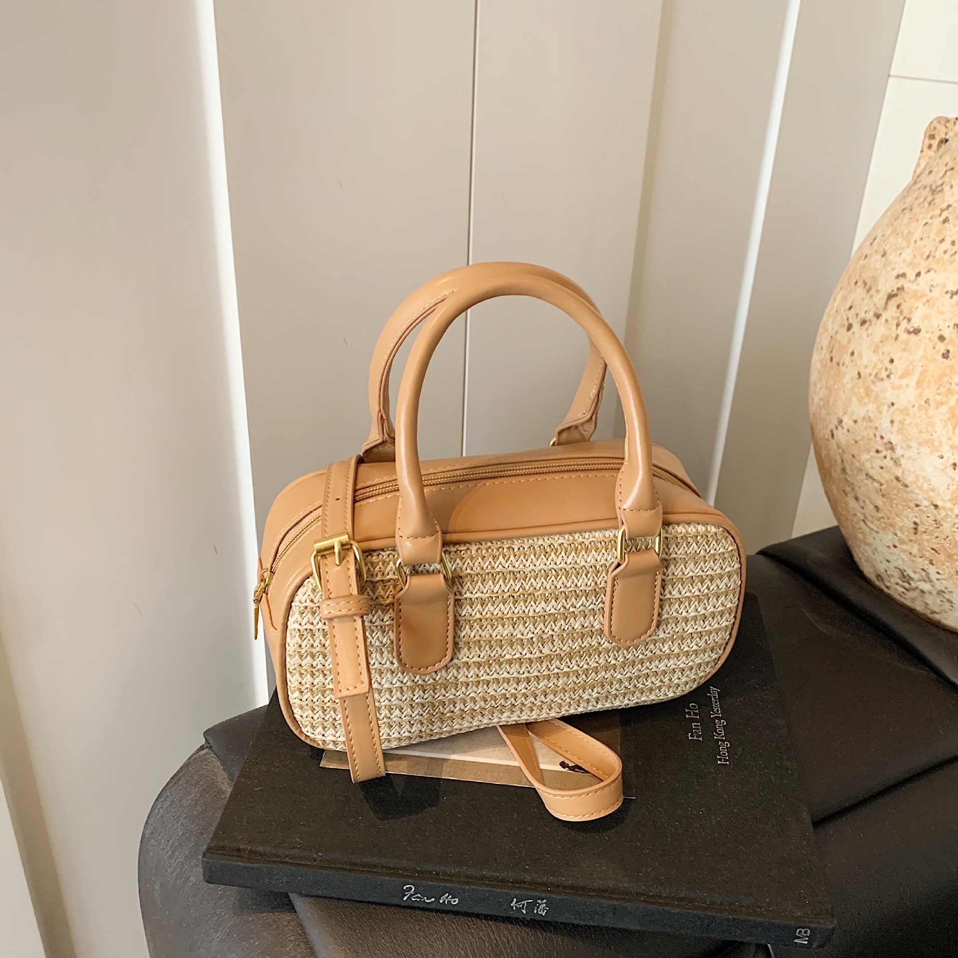 Luxury Brand Designer Bag Woven MIU Small Square Bag Boston Straw Pillow Bag Color-Block Handbag Ins Single Shoulder Crossbody Women's Bag