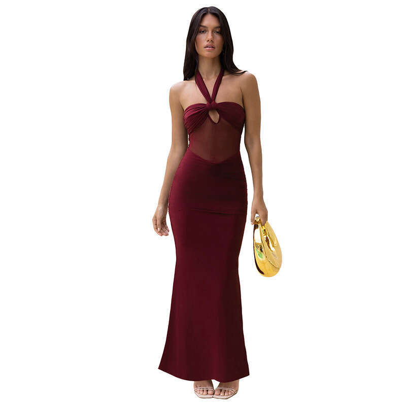 Y25ds1 Women's Spring Summer New Solid Color Halter Backless Sheer Sexy Dress B5