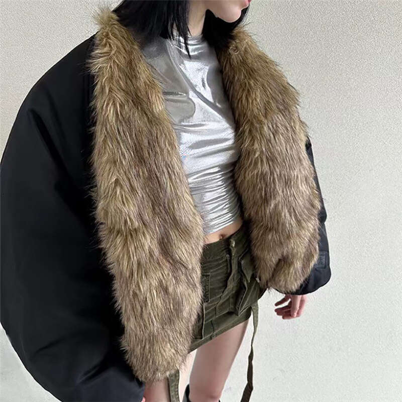 2023 Autumn New Women's Solid Color Loose Street Style Fashion Fur Collar Cardigan Long Sleeve Jacket for Women bd4