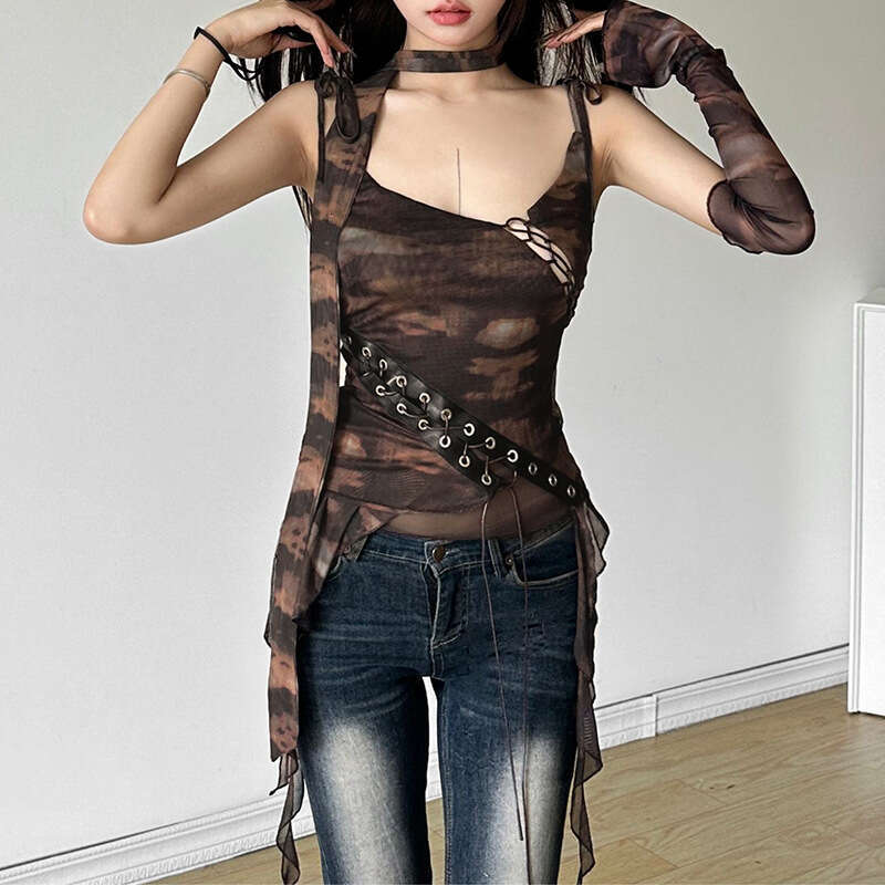 2024 Summer New Fashion Women's Sexy Camisole Mesh Tank Single Sleeve Top 774