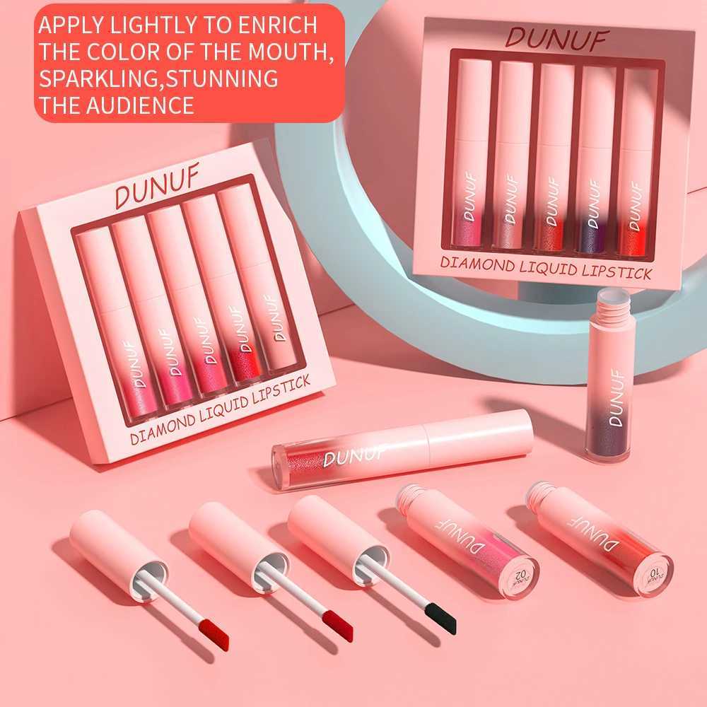 DUNUF 5-piece Set of Matte Diamond Sparkle Lipsticks and Lip Gloss Waterproof and Transfer-proof Lipstick SetXJ250724