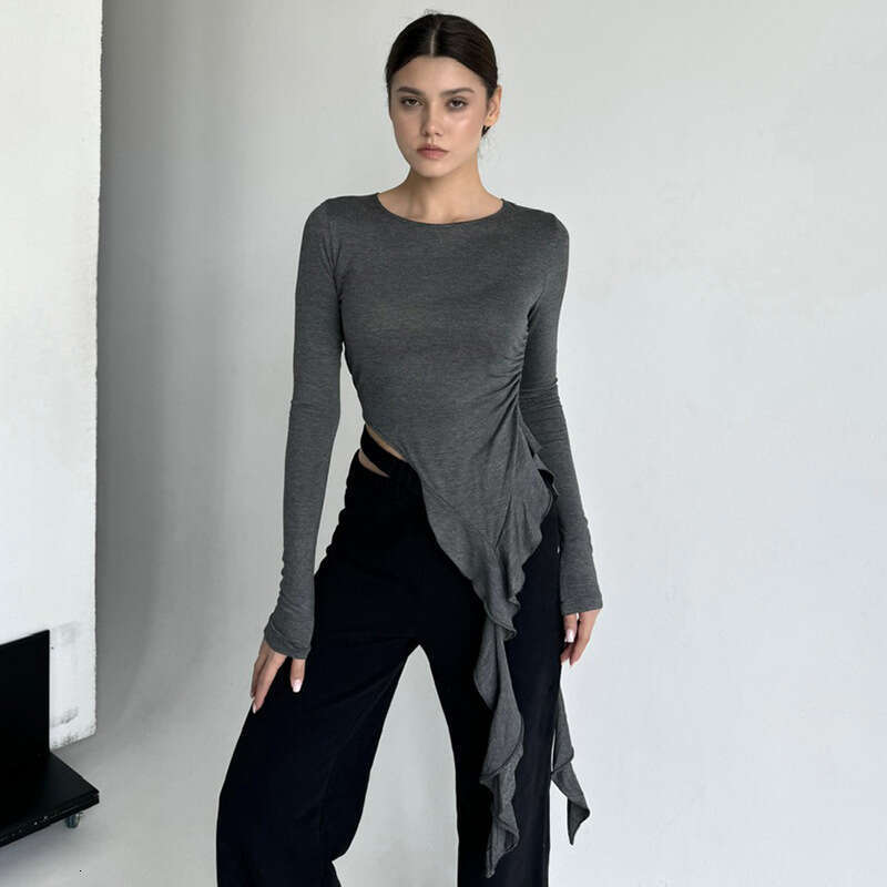 Gtp6 Women's Autumn New Solid Color Round Neck Ruffled Long Sleeve T-Shirt Top B5