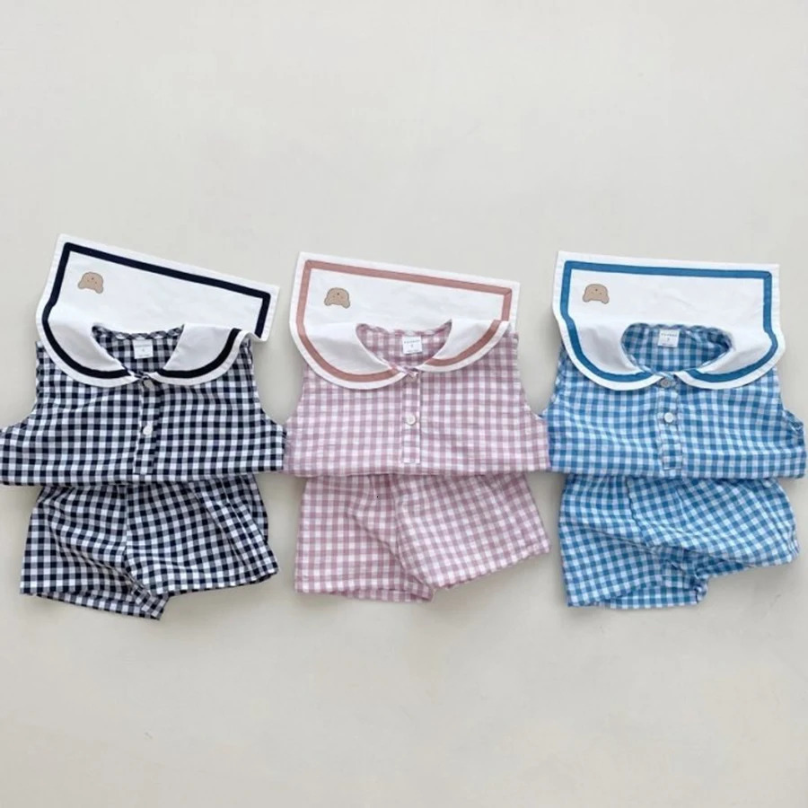 Summer born Baby Boy Girls Cell Sleeveless Cartoon Bear Navy Collar Waistcoat Shorts Fallow Set Kids Fashion Clothing 250725