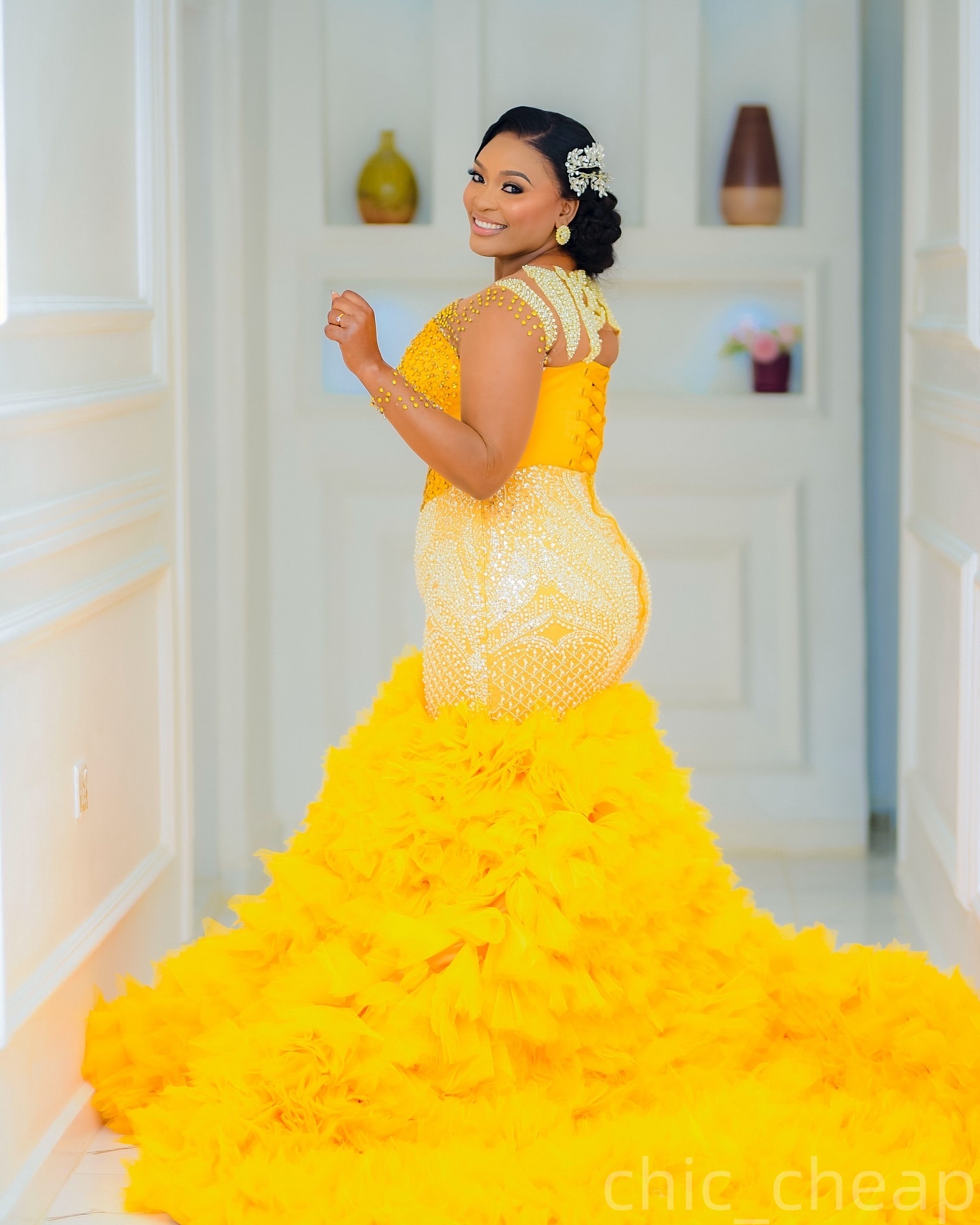 Mermaid Yellow Prom Dresses 2025 Crystals Beaded Tiers Tulle Luxurious Evening Formal Party Second Birthday Engagement Gowns Plus Size Dress For Speci