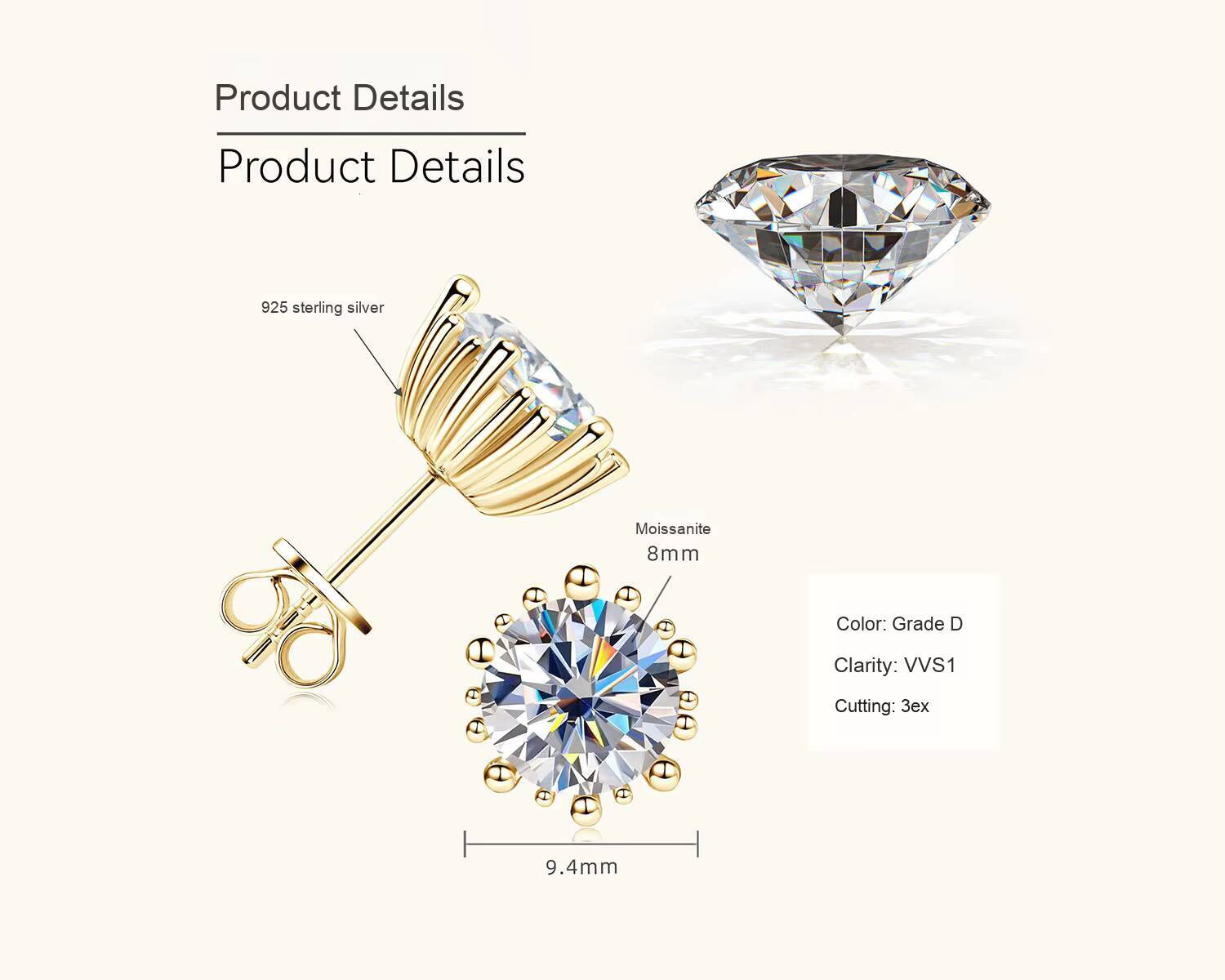 Fashionable Simple 2 Carat D Color Moissanite Earrings High-End S925 Sterling Silver Niche Design for Women
