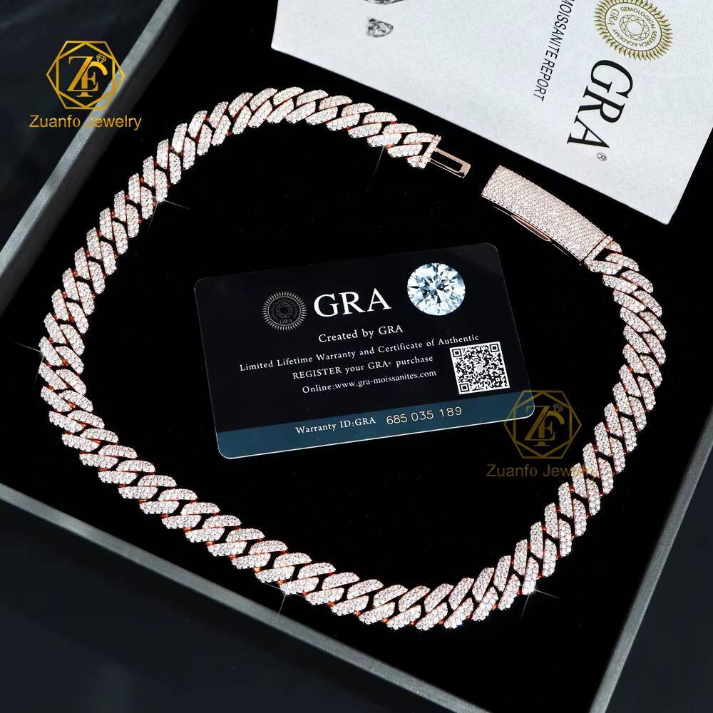 Factory Custom Classic Cuban Link Chain Pass Diamond Tester Rose Gold Bent Buckle 925 Silver Moissanite Cuban Necklace